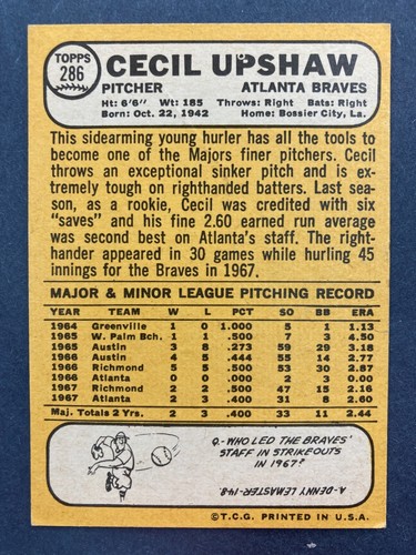 1968 Topps #286 Cecil Upshaw (Atlanta Braves) - Picture 2 of 2