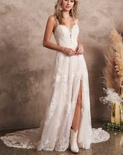 Top Lace Wedding Dress Bridal Gown Custom made Corset Slit Straps Blush New