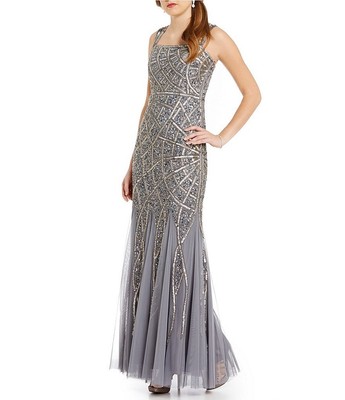 Adrianna Papell Sterling Silver Cap Sleeve Beaded Mermaid Gown NWT Size 2 $349