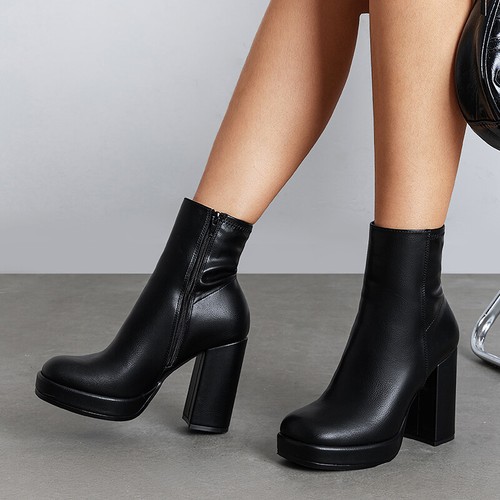 Womens Platform Ankle Boots with Chunky Block Heel Round Toe Side Zipper Shoes - Picture 5 of 20