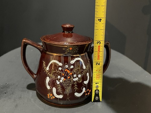 Redware Brown Sugar Bowl Double Handled Japan Moriage Flowers Motif Vintage Gift - Picture 11 of 13