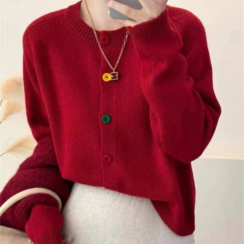 Autumn Color Button Sweater Women Loose Round Neck Short Knitted Cardigan Jacket - Picture 20 of 30
