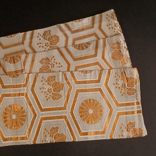 Hanhaba Obi japonés usado - Crisantemo dorado y blanco y patrón Kikkō - Traditi - Imagen 1 de 4
