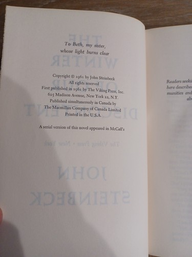 The Winter Of Our Discontent, by John Steinbeck, 1961 HC DJ, BCE - Picture 5 of 8