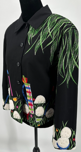 Anage Womens Embroidered Golf Themed Novelty Jacket Size Large Black Cotton - Picture 4 of 15