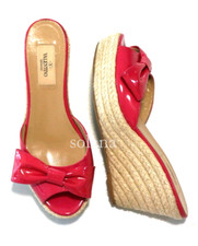 Valentino Mena Bow Patent Leather Wedge Espadrille Women's Slide Sandal sz 8.5