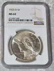 1923 D PEACE 90% SILVER $1 DOLLAR NGC CERTIFIED MS 62 MS62 DENVER USA MINT COIN