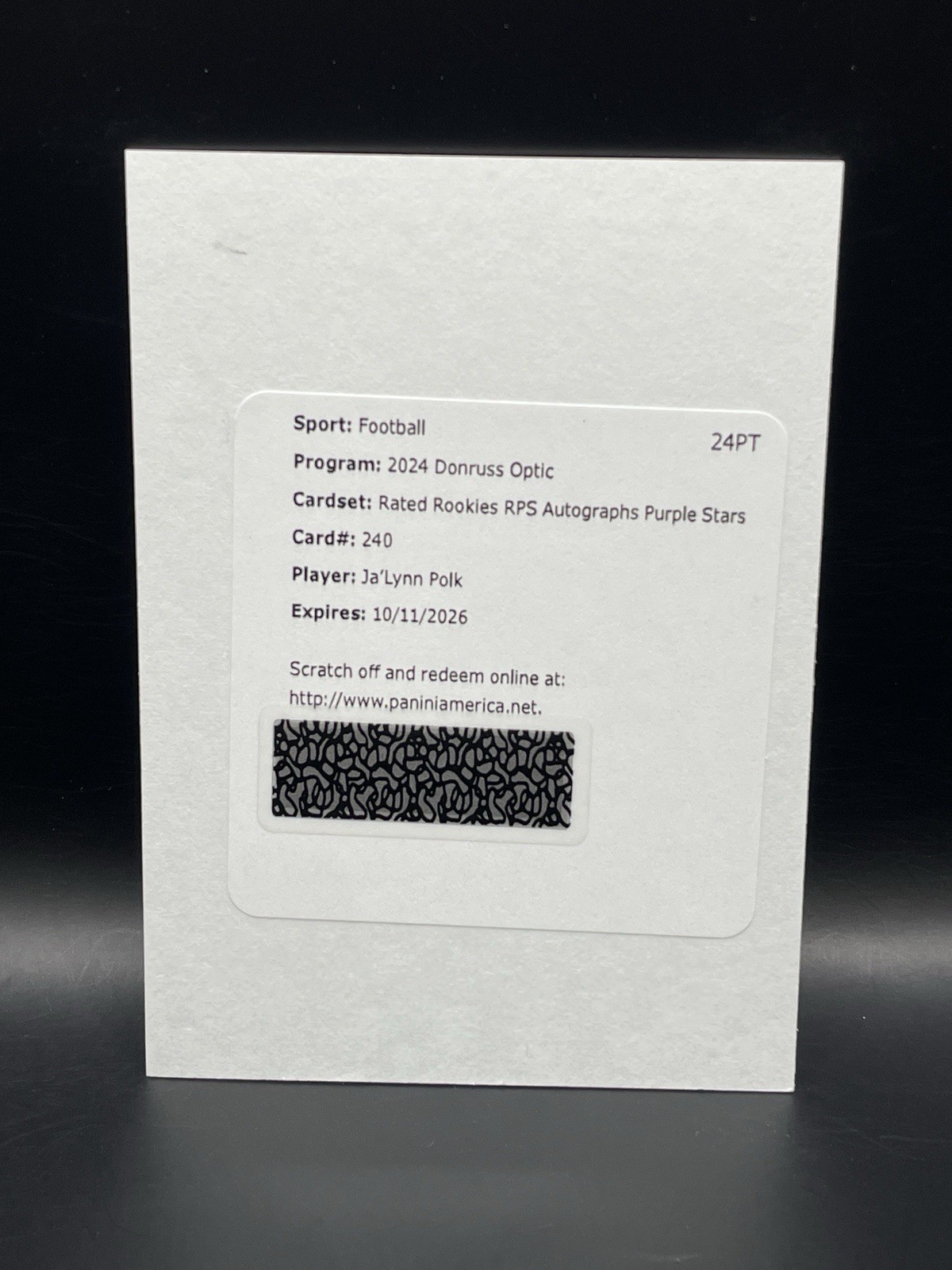 2024 Optic Football Ja’Lynn Polk Rated RC RPS Purple Stars Auto /42 Redemption