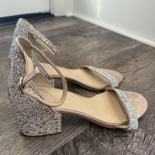 Betsey Johnson Beige Rhinestone Ankle Strap Block Heel Sandals Women's 8.5