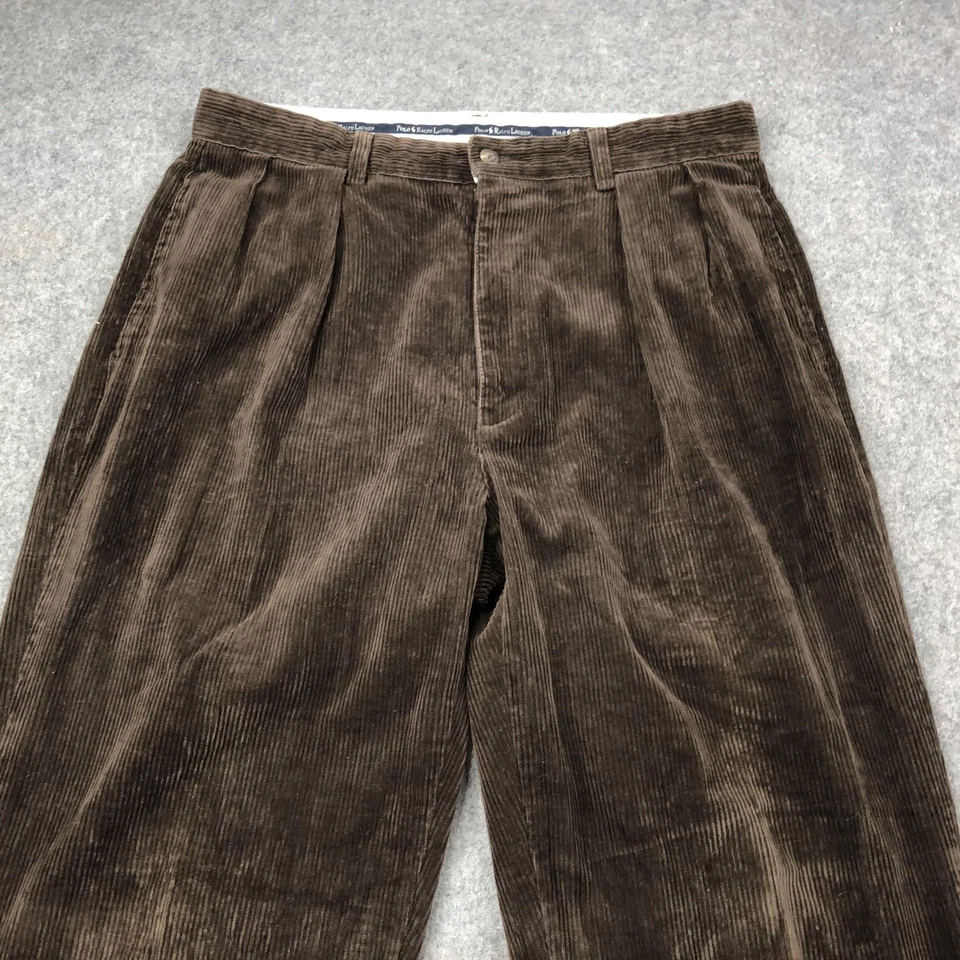 Pantalones de pana Polo Ralph Lauren para hombre 34x32 marrón plisado ancho con cordones de polo de ballena Foto 4 de 4