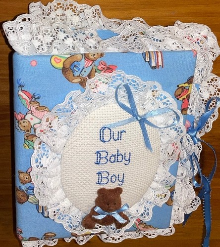New Teddy Bear Fabric Covered Baby Boy Photo Album Flocked Lace Trim 90s VNTG 6” - Picture 4 of 9