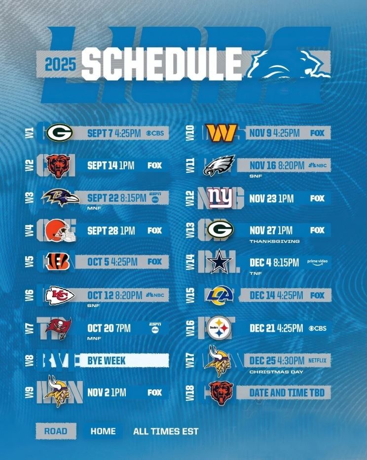 DETROIT LIONS 2025 NFL Football Schedule Glossy Laminated Fridge