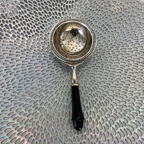 Vintage Silver Plated Tea Strainer Black Handle 6⅜” Loose Leaf Beaded Rim
