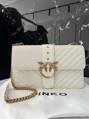 NWT PINKO Love One Classic BAG White Antique Gold Logo Auth Leather Crossbody - Picture 1 of 8