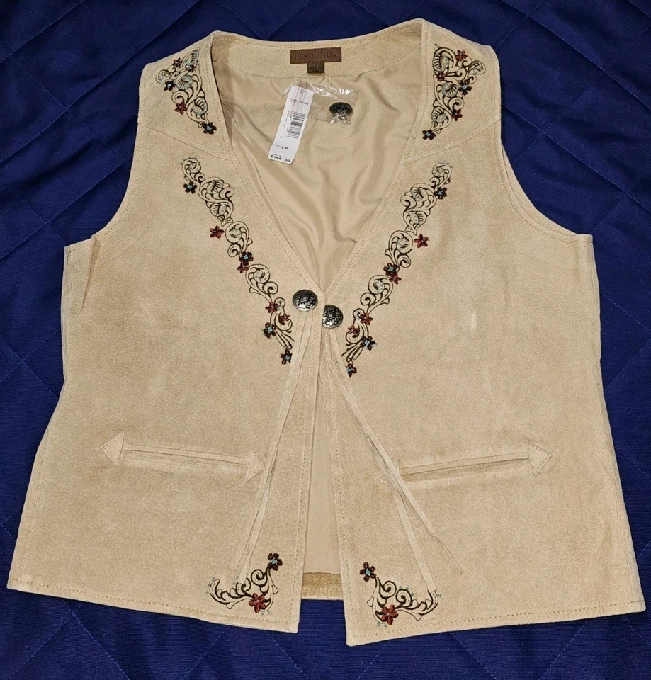 Pendleton Western Leather Suede Vest Beaded Southwest Floral Size Large - Image 2 of 4