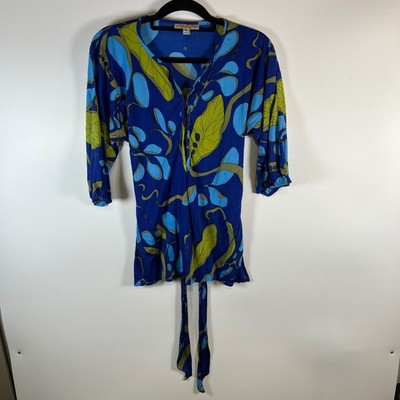 Mara Hoffman Silk Blue Green Abstract Print V Neck Tie Waist Mini Dress Size S