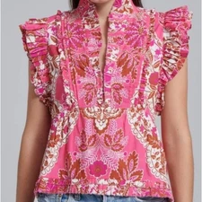 Love The Label Berna Pink Blouse Top Ruffle Cotton Printed Medium
