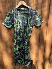 JUST IN CASE Green & Navy Vintage Floral Print Silk Wrap Dress |Size 36 UK 8