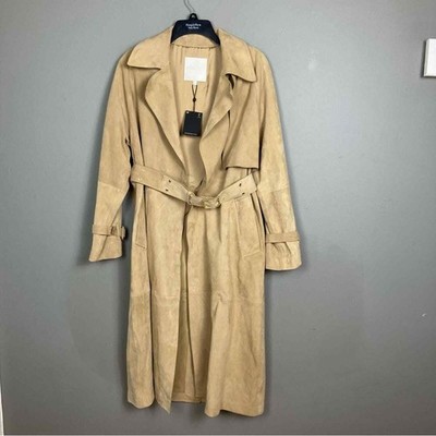 Massimo Dutti trench coat Medium leather suede belted camel NWT Gold Hardware