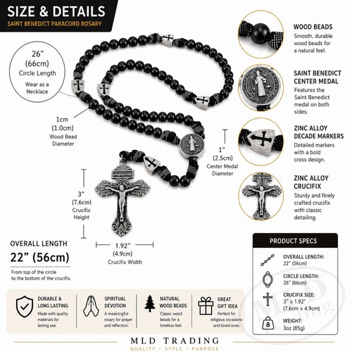 Heiliger Benedikt Paracord Rosenkranz Halskette Holzperlen Kruzifix Kreuz 22 Zoll - Bild 3 von 13
