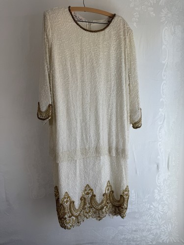 Lawrence Kazar Wedding Ivory Gold Sequin Beaded Lace Blazer Jacket 2XL