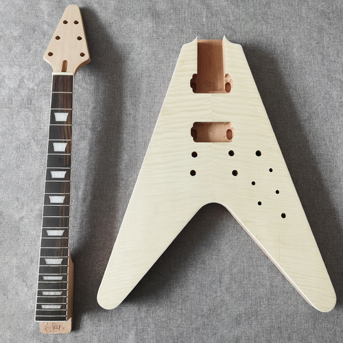 Zum Selbermachen Fly V LP Gitarrenbausatz mit Flammenahorn Furnier Platte massiver Mahagoni Korpus Hals - Bild 2 von 8