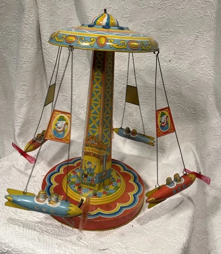 Vintage 1952 Tin Wind Up J Chein Ride A Rocket 400 Carnival Toy ,  Working Good