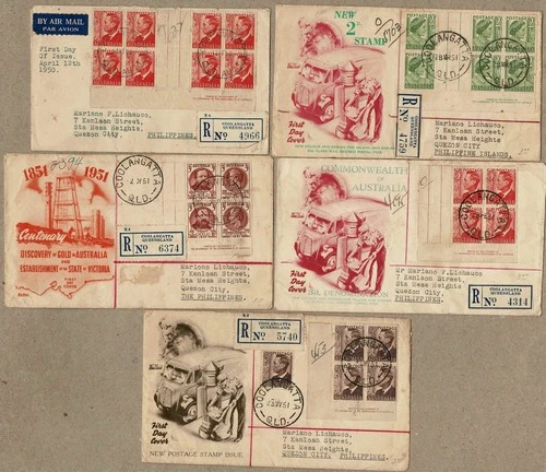 Australia 1950 -51 Blocks inc Inter-planneau  Registered FDC x5 to Phillipines
