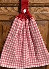 Double  hanging kitchen towel red white plaid crocheted red top