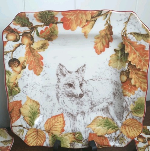 222 FIFTH Birkhill Manor Autumn Salad Plates 4 Pc Fox Rabbit & Hedgehogs Acorns - Picture 2 of 9