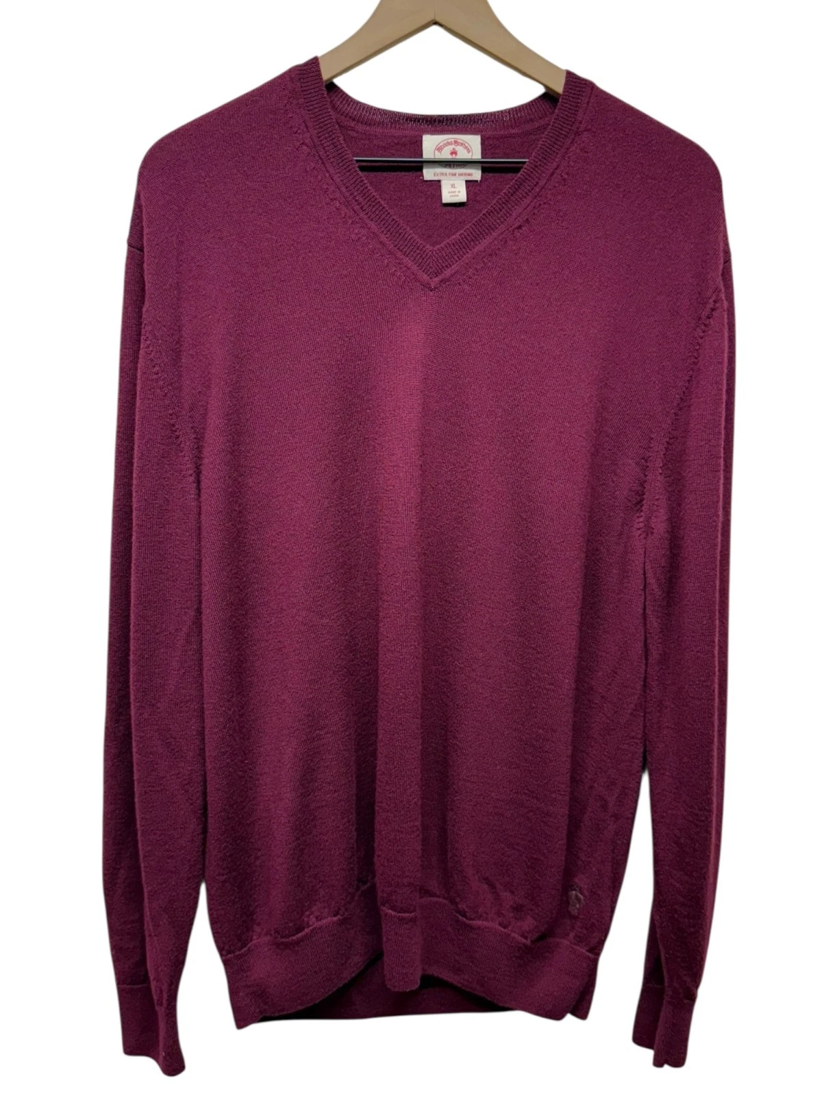 Brooks Brothers Extra Fine Merino Wool Sweater Men XL Maroon Red V-Neck Pullover
