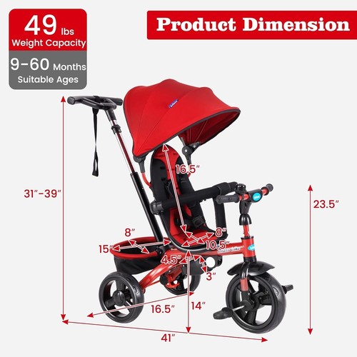 6-in-1 Kids Tricycle & Stroll Trike: Adjustable Handle, Canopy & Safety Features - Picture 5 of 11