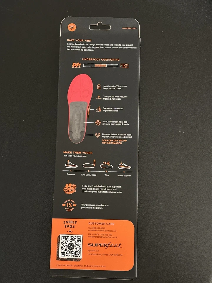 Palmilhas Superfeet RUN alívio da dor tamanho C laranja masculinas 5.5-7/femininas 6.5-8 NOVAS - Imagem 3 de 4