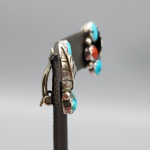 Southwest Coral & Turquoise Sterling Silver Leaf Motif Clip Earrings 5.7g - Picture 6 of 11