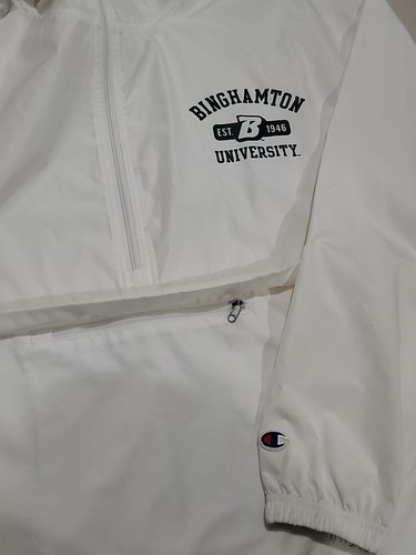 XL CHAMPION×BINGHAMTON UNIVERSITY GIACCA A VENTO PULLOVER ZIP BIANCO/VERDE EX - Foto 6 di 12