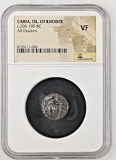 NGC Ancients Caria Isl. of Rhodes c 205-190 BC AR Drachm Helios rv rose NGC VF