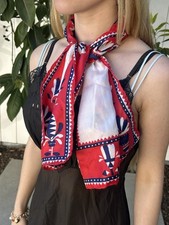Vintage 100 Silk Scarf Red White Blue Patterned 11  x40  