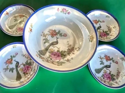 Vintage CT Altwasser Silesia Germany Porcelain Lusterware Peacock Plate Set - Picture 2 of 19
