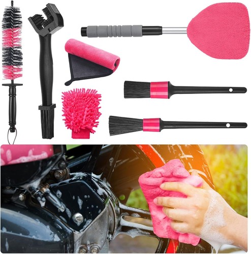 7Pcs Pink Motorcycle Cleaning Kit Brush Set Tire Chain Detailing Car Wash Tools