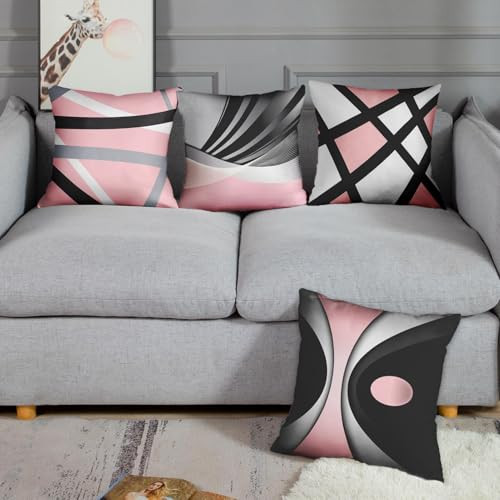 Set of 4 Soft Pink Throw Pillow Covers Modern Abstract Black Grey Stripes - Bild 4 von 6