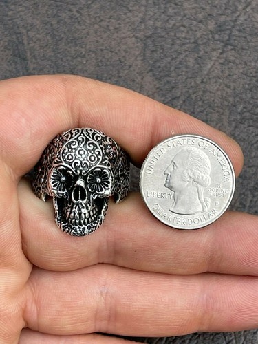 Herren 925 Sterling Silber Calavera Tag der Toten Zuckerblume Totenkopf Todesring - Bild 12 von 12