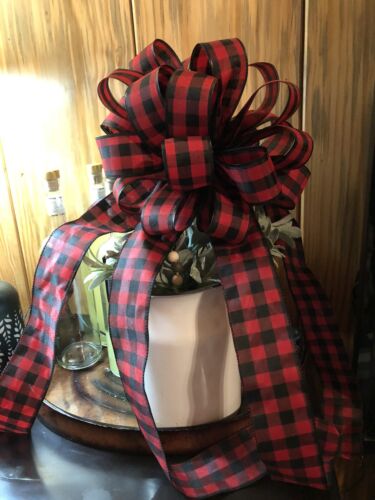 Large Christmas Tree Topper Bow Buffalo Print Red& Black 28 Loops - Picture 6 of 9