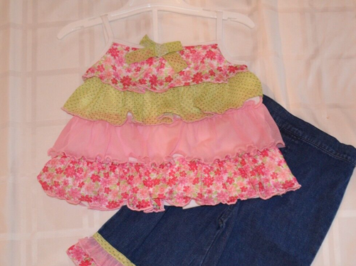 Beluga New York Caprihose Hose & Rhumba Top Outfit Set Denim Pink Grün Neu mit Etikett Gr. 4T - Bild 4 von 5