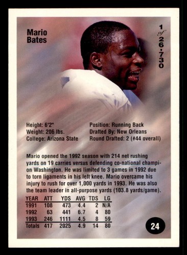 1994 Superior Rookies Football #24 Mario Bates Signed Autograph (no COA) - Picture 2 of 2