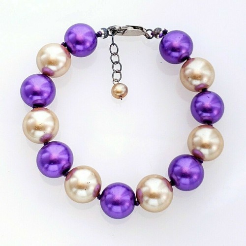 Mint Sterling Solver Large Gold & Purple Simulated Pearl Beads Bracelet 8" - Picture 1 of 4