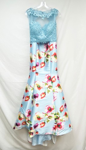 Women's Jovani Blue Floral Print Two Piece Mermaid Dress Mikado Skirt Size 4 - Picture 1 of 4
