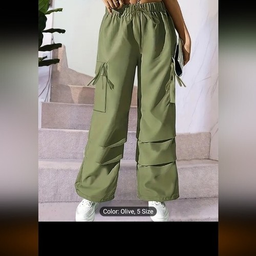 Women's solid drawstring elastic wide leg cargo trousers with flap pockets 2XL