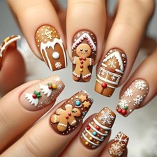 Christmas Press on Nails Medium Square Fake Nails with 8-Gingerbread Man