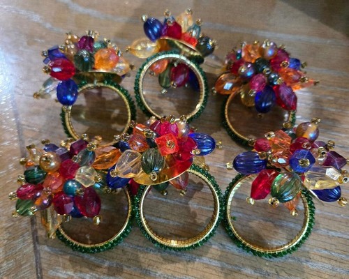 Pier 1 One Napkin Rings Jeweled Beaded Cluster Set of 6 Colorful