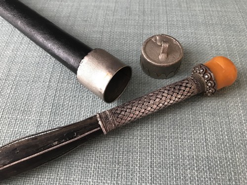 ANTIQUE OTTOMAN CIGARETTE HOLDER EGG YOLK AMBER & SILVER & WOOD 19 CENTURY PIPE - Picture 11 of 12